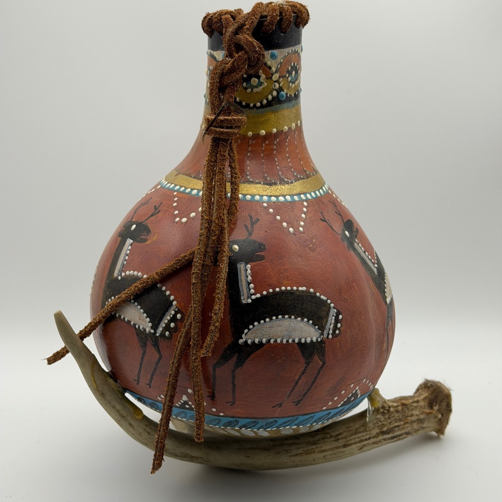 Southwestern Hand-Painted Gourd Vase Antler Base Rustic Lodge Decor Folk Art - Picture 3 of 11